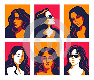 Women portrait. Trendy flat posters of multicultural diverse faces, minimalistic pop art elements. Vector set of