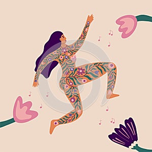 Women power and body positivity concept. Poster with woman and spring flowers. Background for International Women's