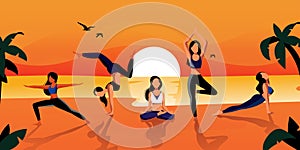Women practicing yoga, meditation on beach. Vector illustration. Outdoor summer fitness workout and healthy lifestyle