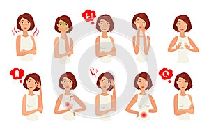 Women pregnancy signs icons set. Cartoon expected mother vector characters. Pregnant woman sickness, nausea isolated