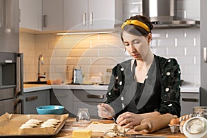 Women preparing homemade food pie, pizza in a cozzy kitchen. Hobbies and family life concept