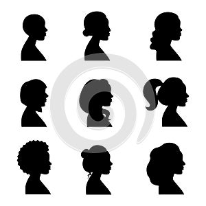 Women profiles silhouettes vector set. Black.