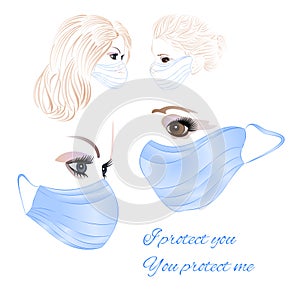 Women in protective medical face masks wearing protection from virus covid-19, urban air pollution, smog, vapor, pollutant gas
