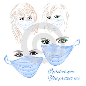 Women in protective medical face masks wearing protection from virus covid-19, urban air pollution, smog, vapor, pollutant gas