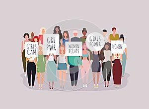 Women protesters. Vector illustration of people holding signs, banner and placards on a protest demostration or picket photo