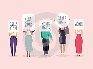 Women protesters. Vector illustration of people holding signs, banner and placards on a protest demostration or picket photo