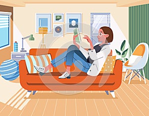Women reading a book while lying on sofa in the living room at home with modern minimalist interior flat vector illustration