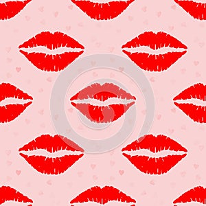 Women red lipstick romantic kiss seamless pattern. Female red lipstick prints, love kiss shapes, background illustration. Sexy lip