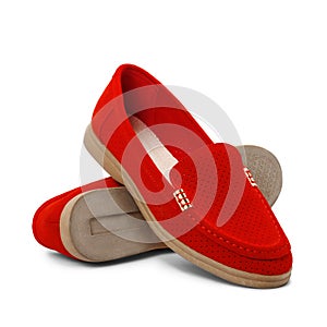 Women red loafers with round toe on white background