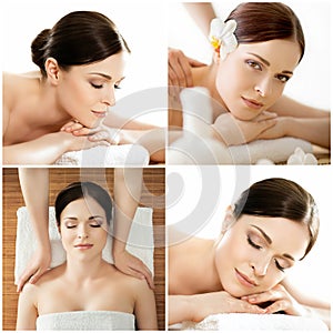 Women relaxing in spa collection. Wellness, healing, rejuvenation, health care and aroma therapy.