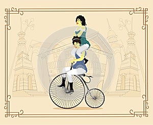 Women on a retro bicycle on cityscape background vector Illustration