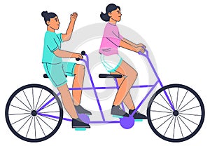 Women riding bicycle. Female characters on tandem bike, active bike riding, eco friendly transportation flat vector illustration