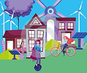 Women riding monocycle bike solar panel windmills houses ecology