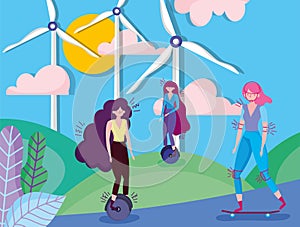 Women riding monocycle and skateboarding field turbine winds ecology