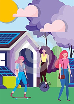 Women riding monocycle and skateboarding walking house solar panel transport ecology