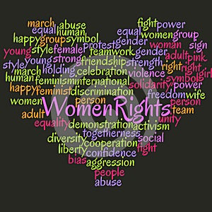 Women rights word cloud in heart shapes