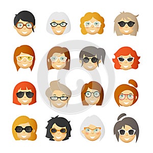 Women with rosy cheeks in glasses and sunglasses. Vector avatars set.