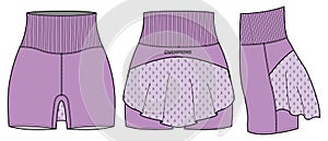 Women Running trail tight Shorts with modesty skirt jersey design flat sketch fashion Illustration for girls and Ladies, Modesty