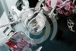 Women's accessories bride. Handbag, shoes, rings, bridal perfume