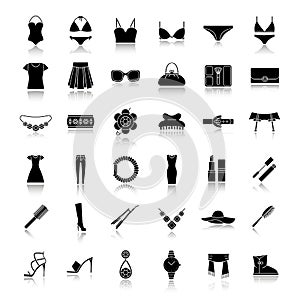 Women`s accessories drop shadow black icons set