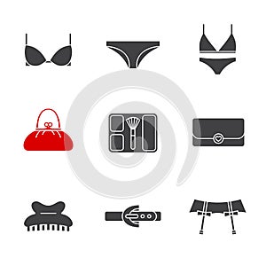 Women`s accessories glyph icons set