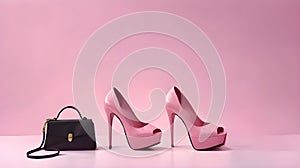 Women\'s accessories poster with ladies bags and high heels in pastel pink background with copy space for text