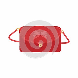 Women`s accessories with red leather shoulder bag isolated on white background. Elegant female fashion for for formal or semi-