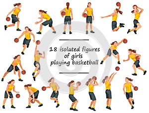 Women's basketball girl players standing with the ball, running, jumping, throwing, shooting, passing the bal