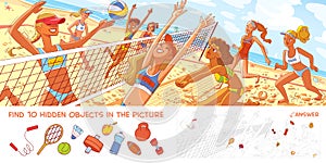 Women`s beach volleyball. Panorama. Find 10 hidden objects