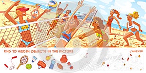 Women`s beach volleyball. Panorama. Find 10 hidden objects photo
