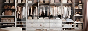 Women\'s beige-colored clothing is neatly laid out and sorted on shelves in open closets