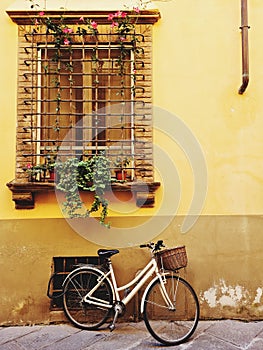 women's bicycle with basket leaning under a window with flowers