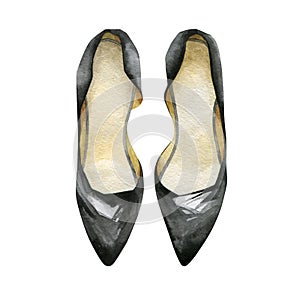 Women`s black classic pumps without heels. Watercolor drawing.