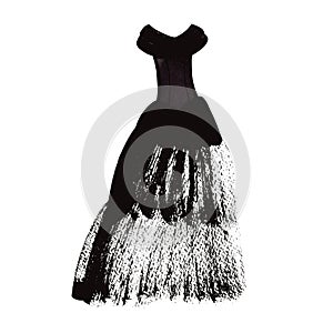 Women's black evening dress in a gothic style with a full tulle skirt. Isolated watercolor illustration on white
