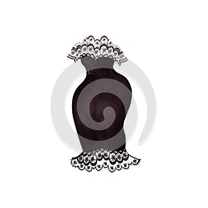 Women's black evening dress in gothic style made of lace. Isolated watercolor illustration on white background.