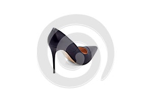 Women's black high-heeled shoes made of leather on a white background, back view. Isolate