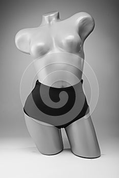 Women`s black swimming trunks worn on a mannequin