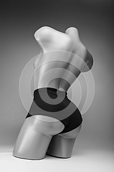 Women`s black swimming trunks worn on a mannequin