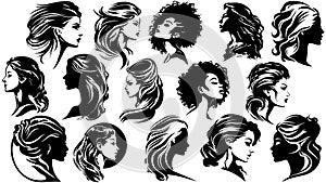 Women\'s black and white silhouettes with cute hairstyles. Set1 photo
