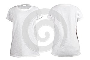 Women`s blank white t-shirt, front and back design template