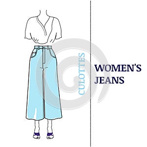 Women`s blue Culottes Jeans with loose silhouette.