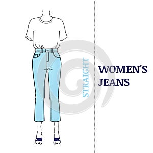 Women`s blue jeans with straight silhouette, Shortened, high-waisted pants