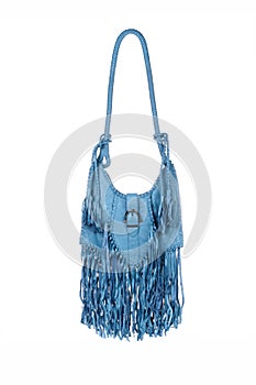 Women\'s blue leather bag with fringes on a white background