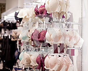 Women`s bras for sale in market. Vareity of bra hanging in lingerie underwear store. Advertise, Sale, Fashion concept