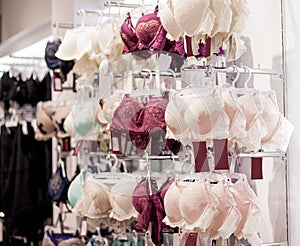 Women`s bras for sale in market. Vareity of bra hanging in lingerie underwear store. Advertise, Sale, Fashion concept