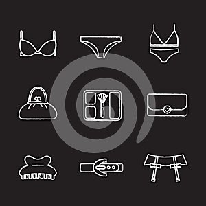 Women`s clothes and accessories chalk icons set