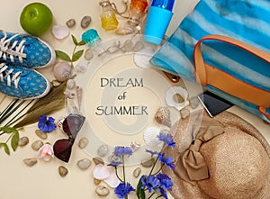 Women`s clothes beachwear for summer holiday leisuare free time relax relaxation   travel accessories seashell sunglasses smartpho