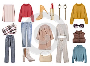 Women`s clothes set isolated on white. Woman`s garment. modern female wear collage. Collection of clothing and accessories