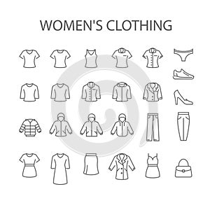 Women`s clothing icons - set of woman garments type signs, outerwear collection