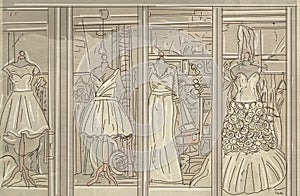 Women's clothing in a shop window. Illustration of a woman's clothing store.